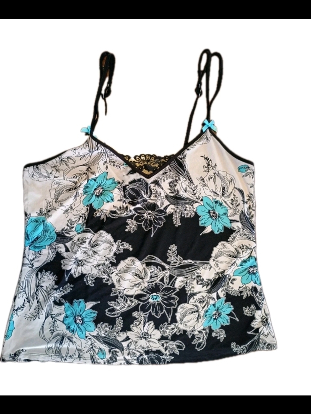 Linea Donatella Black & Turquoise Floral Lace-Trim Camisole